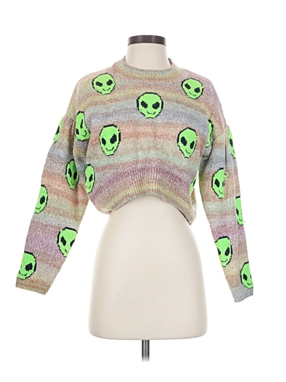 Urban Outfitters Multicolor Cropped Sweater with Neon Green Alien Motif